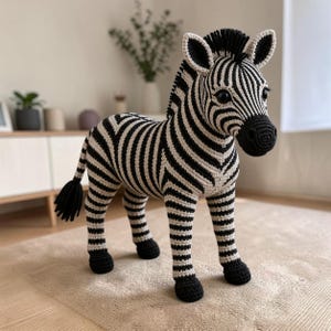 Peut inclure: Un jouet zèbre crocheté à la main présentant un motif classique à rayures noires et blanches. L'animal en peluche a une surface en fil texturé, une crinière noire, une queue noire avec un bout touffu et des sabots noirs avec de grands yeux.