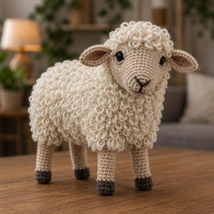Puede incluir: Un peluche de oveja tejido a ganchillo con un cuerpo de lana color blanco roto texturizado con bucles. La cabeza y las patas son de hilo color canela claro, con pezuñas marrón oscuro, ojos de seguridad negros y nariz y boca bordadas.