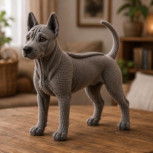Könnte beinhalten: Eine graue, gehäkelte Hundefigur mit strukturierter Garnoberfläche, spitzen Ohren, einem langen, aufrechten Schwanz und bernsteinfarbenen Augen. Das Stofftier steht auf vier Beinen mit sichtbaren Pfotendetails und einer schwarzen Nase.