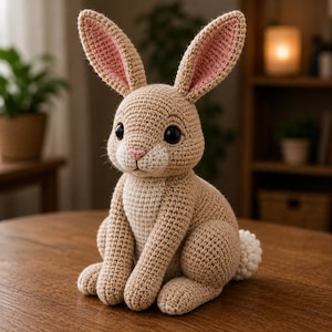 May include: A crocheted rabbit toy in a light tan color with long ears featuring pink inner sections. The rabbit has a white chest and muzzle, a small pink nose, and large black plastic eyes. It is sitting upright with a small white pom-pom tail.