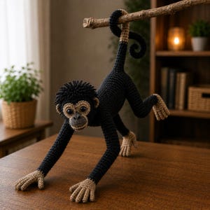 May include: A crocheted spider monkey toy featuring a black body with tan hands, feet, and face. The monkey has large dark eyes, a textured head, and a long, curled tail that is wrapped around a wooden branch, suspended in a dynamic pose.