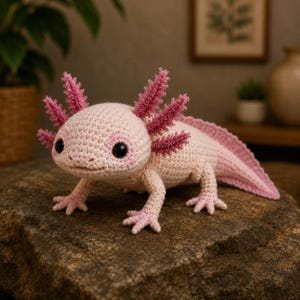 May include: A light pink crocheted axolotl plush toy featuring dark black eyes, a textured body, and prominent, branching pink external gills on both sides of its head. The creature has four small legs and a long, finned tail extending behind it.