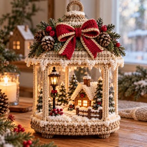 Crochet Christmas Lantern Pattern, Winter Village Scene, Cottage Decor (PDF)