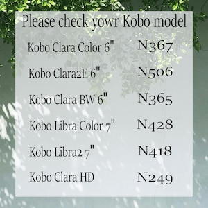 May include: A white background with text that reads "Please check your Kobo model." Below are model names and numbers, including Kobo Clara Color 6", Kobo Clara2E 6", Kobo Clara BW 6", Kobo Libra Color 7", Kobo Libra2 7", and Kobo Clara HD.
