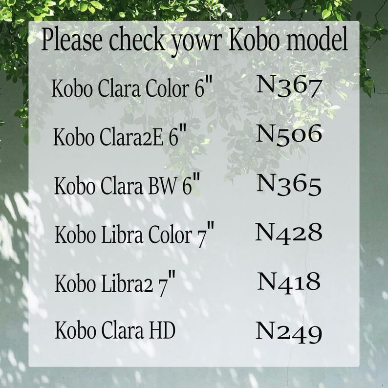May include: A white background with text that reads "Please check your Kobo model." Below are model names and numbers, including Kobo Clara Color 6", Kobo Clara2E 6", Kobo Clara BW 6", Kobo Libra Color 7", Kobo Libra2 7", and Kobo Clara HD.