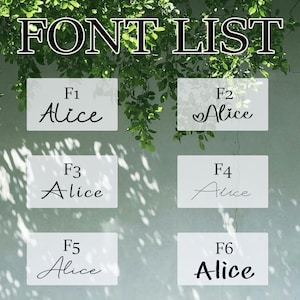 May include: A font list featuring the name "Alice" in six different styles, labeled F1 through F6. The text "FONT LIST" is at the top. The background includes green foliage and a light-colored wall.
