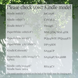 May include: A white graphic with a green leafy background lists Kindle models and their corresponding model numbers. The text reads "Please check your Kindle model" followed by a list of Kindle models and their model numbers.
