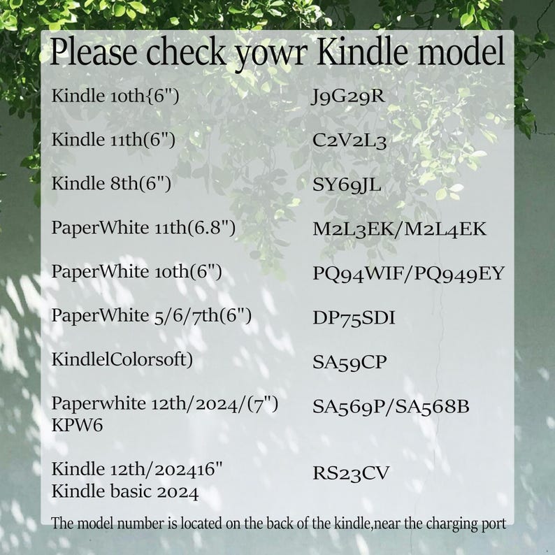 May include: A white graphic with a green leafy background lists Kindle models and their corresponding model numbers. The text reads "Please check your Kindle model" followed by a list of Kindle models and their model numbers.