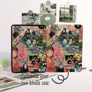 May include: A Kindle case featuring a colorful collage of anime characters and imagery. The design includes illustrations of a girl, various creatures, and Japanese food. The text "Customize your own kindle case" is visible.