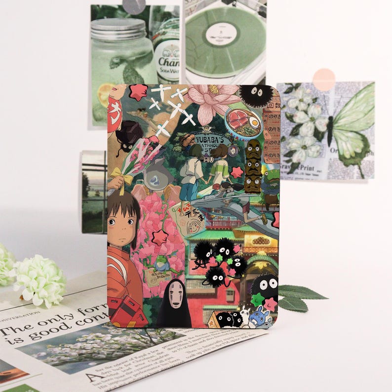 May include: A colorful collage featuring characters and scenes from the animated film Spirited Away. The design includes images of characters, food, and Japanese text, set against a backdrop of flowers and other decorative elements.