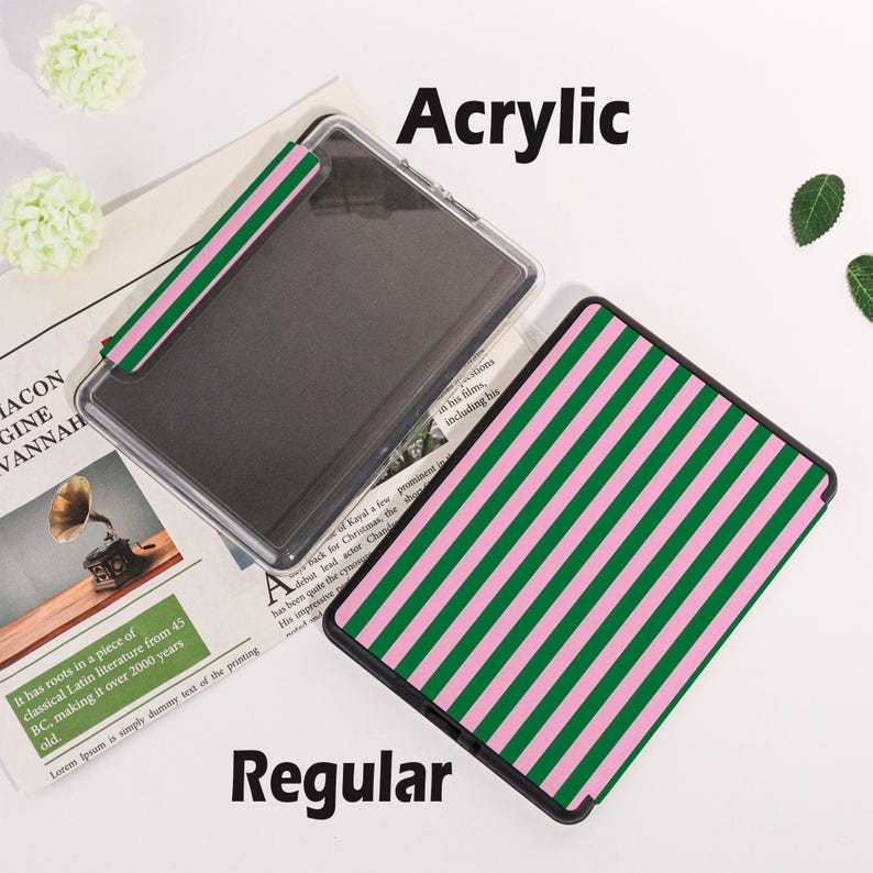 May include: Two rectangular cases, one clear acrylic and one regular, are displayed. The regular case features a pink and green striped pattern. The acrylic case has a matching pink and green striped band. The word "Acrylic" is above the acrylic case and the word "Regular" is below the regular case.