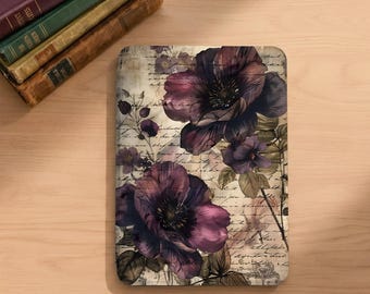 Dark Floral Kindle & Kobo Case with Hand Strap, Paperwhite 12th/11th Gen, Colorsoft, Kobo Clara/Libra Color, Vintage Botanical Gift for Her