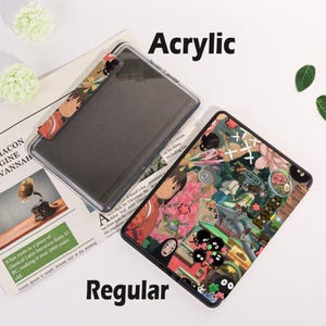 May include: Two phone cases, one clear acrylic and one regular, are displayed. The regular case features a colorful collage of anime characters and imagery. The word "Acrylic" is above the clear case, and "Regular" is below the patterned case.