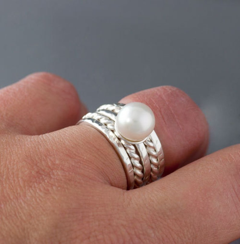 Large White Pearl Silver Ring in Sterling Silver, Wide Natural 9mm Pearl stacking Ring set, made to order in your size image 2