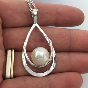 Large Fresh Water Pearl Pendant set in double layered Sterling Silver image 1