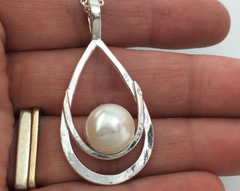 Large Fresh Water Pearl Pendant set in double layered Sterling Silver
