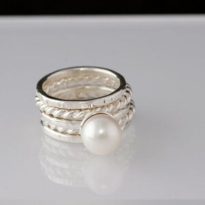 Large White Pearl Silver Ring in Sterling Silver, Wide Natural 9mm Pearl stacking Ring set, made to order in your size image 5