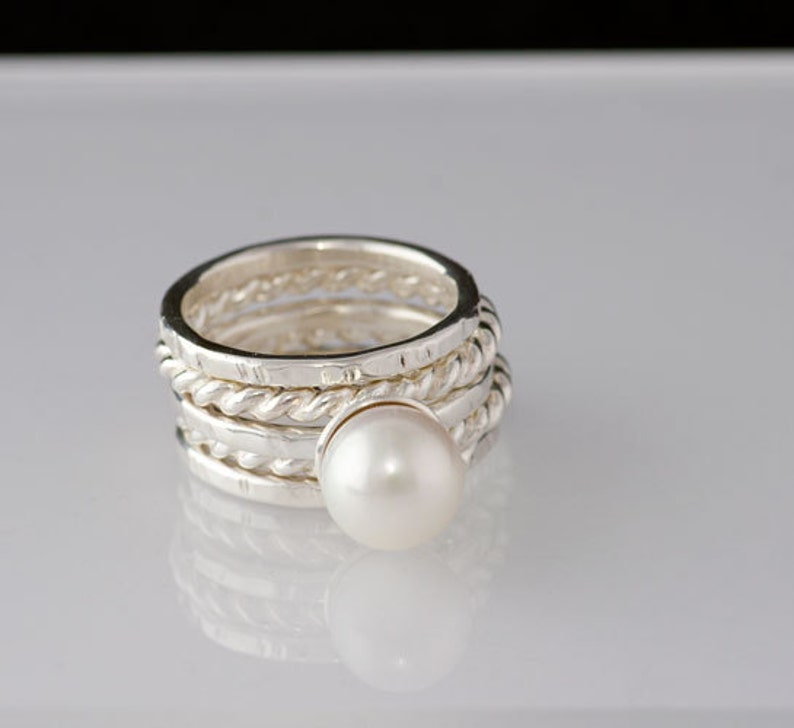 Large White Pearl Silver Ring in Sterling Silver, Wide Natural 9mm Pearl stacking Ring set, made to order in your size image 5