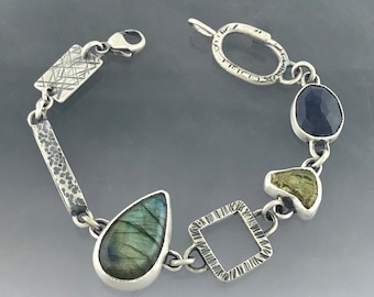 Handmade, One of kind, Gemstone Link Bracelet in Sterling Silver. Pear shaped Labradorite, Blue Sapphire, Yellow Sapphire