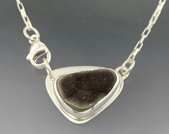 Gray Drusy Triangle Pendant, Sterling Silver Chain, Handmade