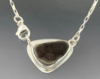 Grey Drusy triangle Pendant in Sterling Silver with a Sterling Silver Chain, One of a Kind, ready time ship