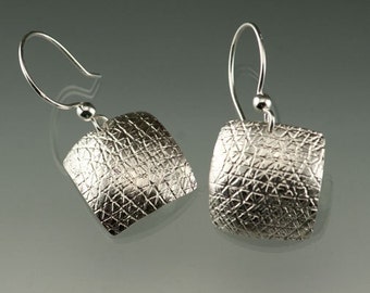 Sterling Square Roller Printed Dangle Earrings, Silver Dangle Earrings, Domed Square French wire Earrings