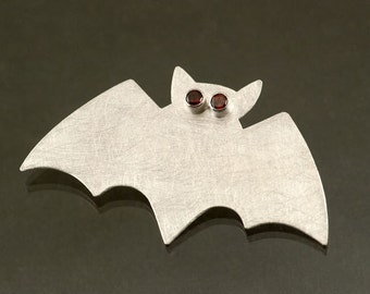 Sterling Silver Bat Brooch Garnet Eyes, Halloween Silver Brooch, Sterling Silver Bat Pin with Red Garnet Eyes