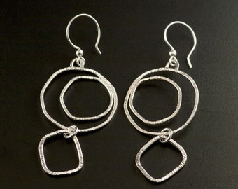 Sterling Silver Double circle with Dangle Earrings, handmade Artisan textured earrings