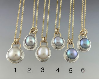 Natural Pink, White or Black Pearl in Silver with Gold filled accent and chain, price is for one pendant