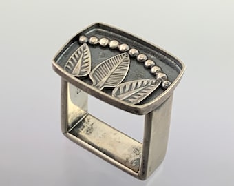 Shadow Box Sterling Silver Tree Leaf Ring, One of a Kind, Size 8 3/4-9