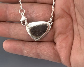 Grey Drusy triangle Pendant in Sterling Silver with a Sterling Silver Chain, One of a Kind, ready time ship