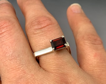 Garnet emerald cut set in a Sterling Silver Square Ring, 8 x 6mm gemstone