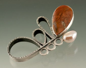 Brown Agate and Pink Pearl Sterling Silver Brooch, Ready to Ship, One of a Kind