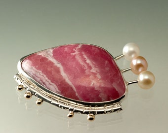 Rhodochrosite Brooch with Fresh Water Pearls in Sterling Silver and 14kt Yellow Gold, One of a Kind and Ready to Ship, 52 Brooch Challenge