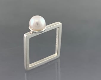 Sterling Square ring with a 6.5mm Freshwater White Pearl, made to order in your size