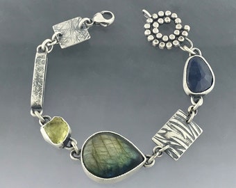 Handmade, One of kind, Gemstone Link Bracelet in Sterling Silver. Pear Shaped Labradorite, Blue Sapphire, Yellow Sapphire.