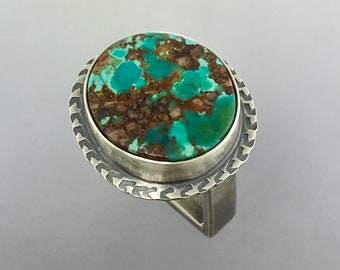 Handmade Stamped Turquoise Sterling Silver Ring, Size 9-9.5
