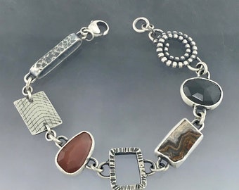 Handmade, One of kind, Gemstone Link Bracelet in Sterling Silver. Peach Moonstone, Gray Moonstone, multicolored Jasper