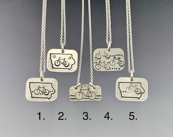 Iowa Bike charm Pendant, Silver Stamped Charm, Ragbrai inspired charm pendant, PICK ONE for 40.