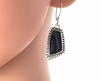 Black Onyx textured Sterling Silver unique shaped earrings, one of a kind, ready to ship (necklace not included)