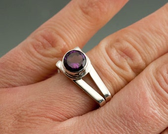 Amethyst Contemporary Sterling Silver 2 Stirup Ring, February birthstone Silver Ring, Modern Amethyst and Silver Ring, Graduation or Wedding