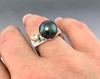 Natural Tahitian Black Pearl with a 5mm Moissanite in 14kt yellow gold on a Sterling Silver Square ring, size 9.5, ready to ship