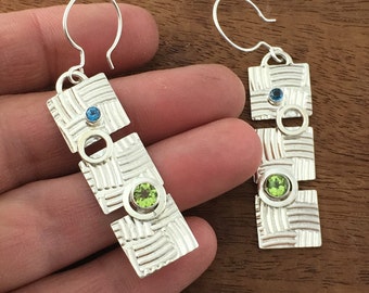 Birch Tree Sterling Silver Peridot and Blue Topaz earrings. Nature inspired earrings