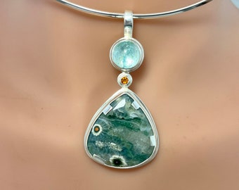 Handmade Sterling Silver Ocean Jasper Pendant, Citrine Blue Topaz Necklace
