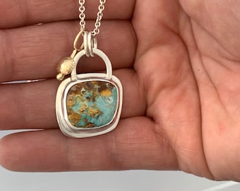 Nevada Turquoise Pendant in Sterling Silver and 14KTY Gold, One of a kind and ready to ship