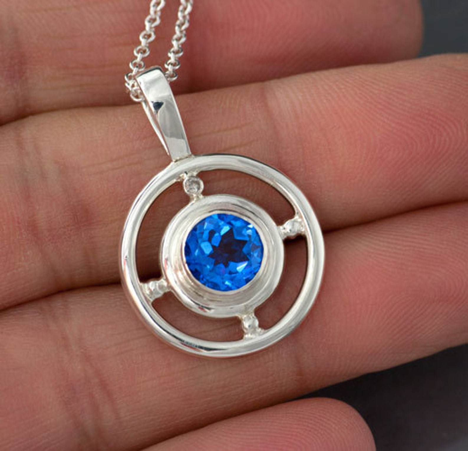 Compass Blue Topaz and Diamond Sterling Silver Pendant Circle Etsy