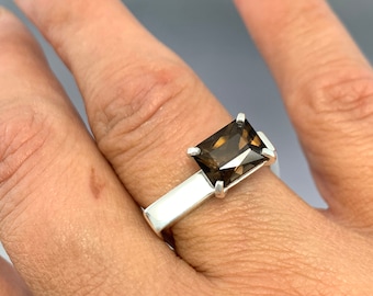 Sterling Silver Square band with a 10x8mm Smokey Quartz Prong set gemstone.