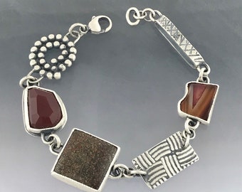 Handmade Sterling Silver Gemstone Link Bracelet, Petrified Dinosaur Bone, Carnelian, Agate