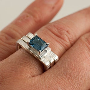 London Blue Topaz 3 Square Ring set, 8x6mm Dark Blue Topaz Emerald Cut ring, Birthstone ring, Wedding ring or December Birthstone ring