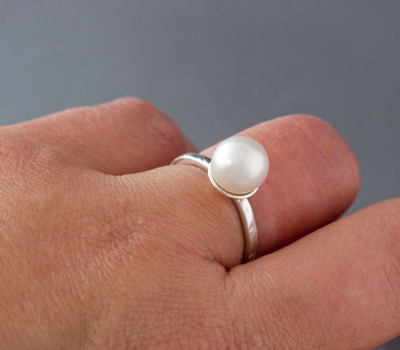 Large White Pearl Silver Ring in Sterling Silver, Wide Natural 9mm Pearl stacking Ring set, made to order in your size image 4